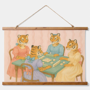 Vintage Süße Tiger beim Mahjong spielen Wandteppich Mit Holzrahmen