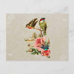 Vintage süße Vögel & Rosen Landschaftsmalerei Postkarte