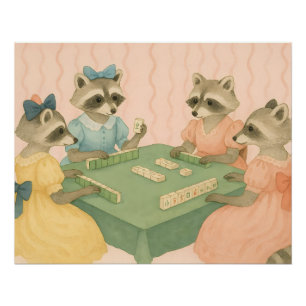 Vintage Süße Waschbären spielen Mahjong Poster
