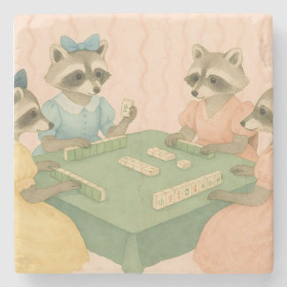 Vintage Süße Waschbären spielen Mahjong Steinuntersetzer