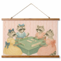 Vintage Süße Waschbären spielen Mahjong