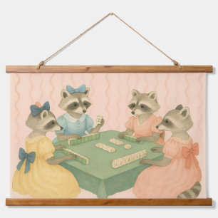 Vintage Süße Waschbären spielen Mahjong Wandteppich Mit Holzrahmen