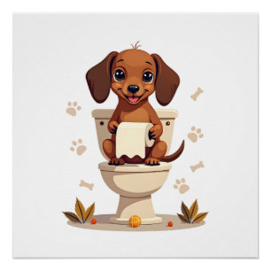 Vintage süßer Dackel auf Toilette Cartoon Badezimm Poster