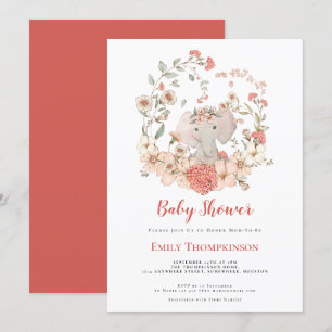 Vintage Süßer Elefant Blätter Koralle Baby Shower Einladung