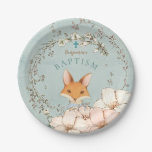 Vintage Süßer Fuchs Floral Junge Grün Taufe Pappteller
