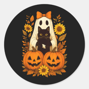 Vintage süßer Halloween-Geist hält schwarze Katze Runder Aufkleber