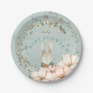 Vintage Süßer Hase Botanischer Junge Grüne Babypar Pappteller