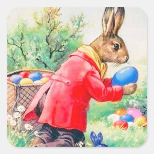 Vintage süßer Hase und farbenfrohe Ostereier Quadratischer Aufkleber