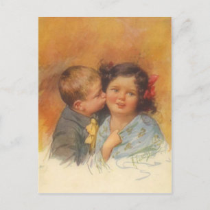Vintage Süßer Junge stiehlt einen Kuss auf die Wan Postkarte