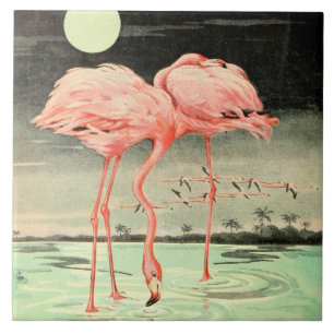 Vintage Süßer Rosa Vogel Flamingo und Mond Fliese