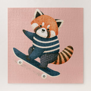 Vintage Süßer Roter Panda Waschbär Skateboardfahre Puzzle