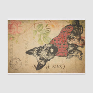 Vintage Süßer Schottischer Terrier Hund Floral Fra Seidenpapier