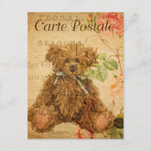 Vintage Süßer Teddybär Spielzeug Floral Floral Fra Postkarte