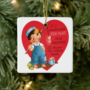 Vintage Süßer Valentinstag, Junge fischt Herzen Keramikornament