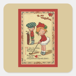 Vintage Süßer Valentinstag, Kindersport Golf Quadratischer Aufkleber