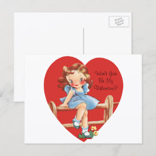 Vintage Süßer Valentinstag, Mädchen auf einem Zaun Feiertagspostkarte