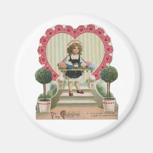 Vintage Süßer Valentinstag, Mädchen mit Blumen Magnet
