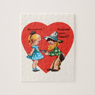 Vintage Süßer Valentinstag, Mädchen mit Cowboy Puzzle