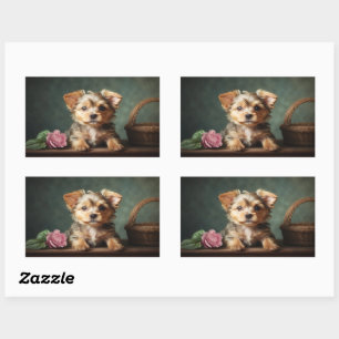 Vintage Süßer Welpe Yorkshire Terrier Rosenporträt Rechteckiger Aufkleber