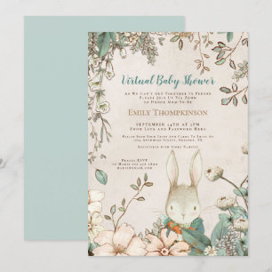 Vintage Süßes Kaninchen Florales Blatt Virtuelle B Einladung