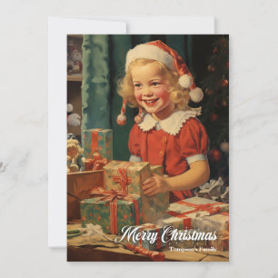 Vintage süßes kleines Mädchen mit Weihnachtsgesche Feiertagskarte