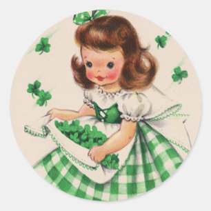 Vintage Süßes Mädchen Shamrock St. Patrick's Day K Runder Aufkleber