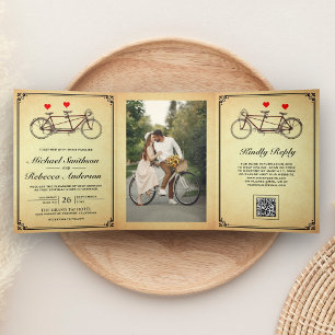 Vintage Süßes Tandem-Fahrrad Foto QR-Code Hochzeit Dreifach Gefaltete Einladung
