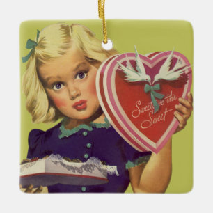Vintage Süßes Valentinstag, Mädchen mit Pralinen Keramikornament