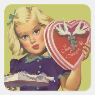 Vintage Süßes Valentinstag, Mädchen mit Pralinen Quadratischer Aufkleber