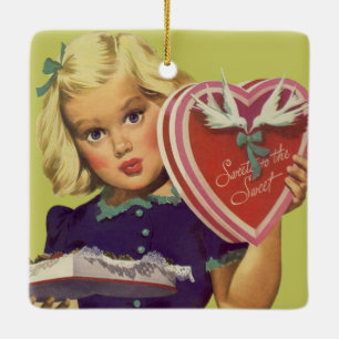 Vintage Süßes zum Valentinstag, Mädchen mit Pralin Keramikornament