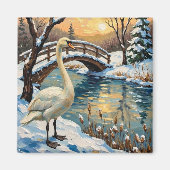Vintage Swan by Snowy Bridge Christmas Painting Magnet (Vorne)