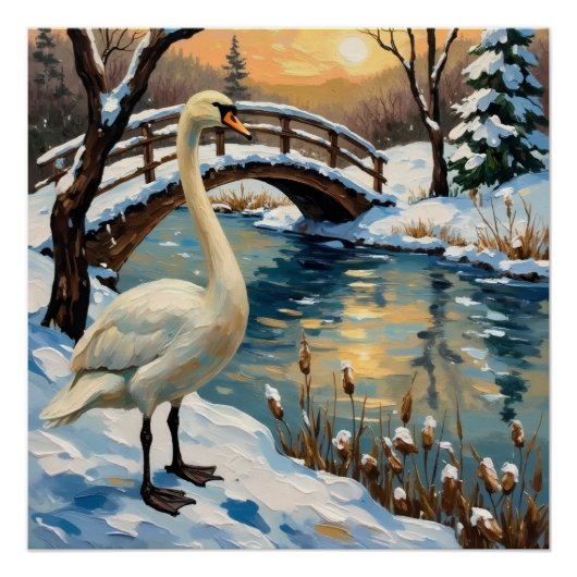 Vintage Swan by Snowy Bridge Christmas Painting Poster (Vorderseite)