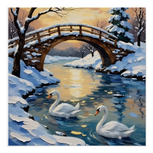 Vintage Swan Family Under Snowy Bridge Painting Poster (Vorderseite)