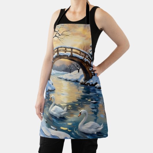 Vintage Swan Family Under Snowy Bridge Painting Schürze (InSitu)