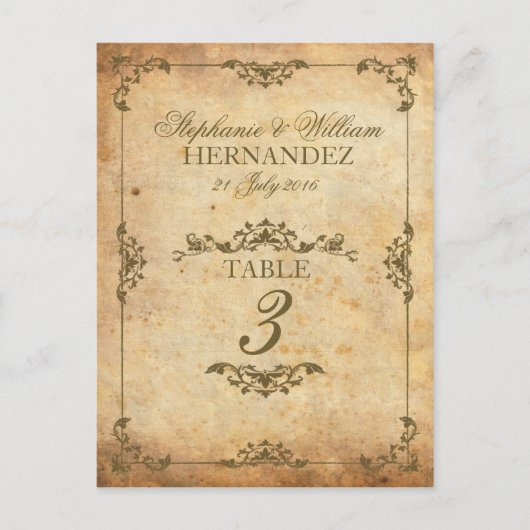 Vintage Swirl Hochzeitsempfang Tischnummer (Vorderseite)