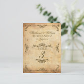 Vintage Swirl Wedding Reception Tischnummer (Stehend Vorderseite)