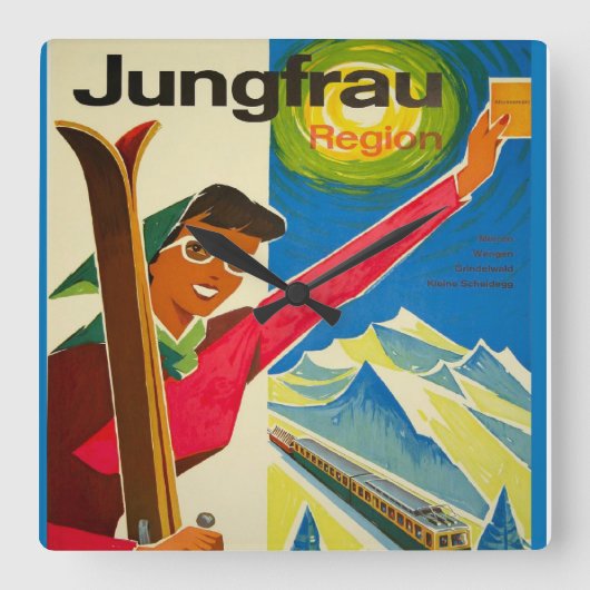 Vintage Swiss Ski, Jungfrau Quadratische Wanduhr (Vorderseite)