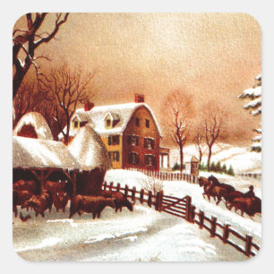 Vintage Szene des ländlichen Winters aus den 1930e Quadratischer Aufkleber