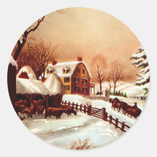 Vintage Szene des ländlichen Winters aus den 1930e Runder Aufkleber