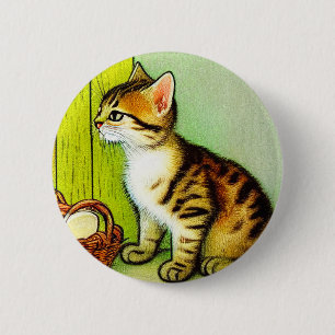 Vintage Tabby Cat Illustration Button
