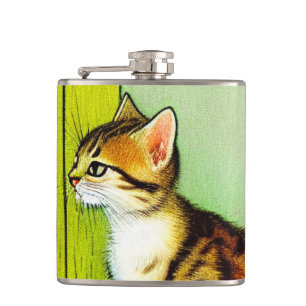 Vintage Tabby Cat Illustration Flachmann