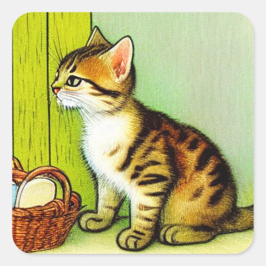 Vintage Tabby Cat Illustration Quadratischer Aufkleber (Vorderseite)
