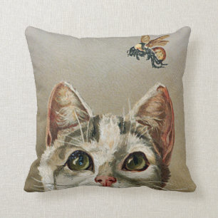 Vintage-Tabby-Katze-und-Biene-Wurfkissen Kissen