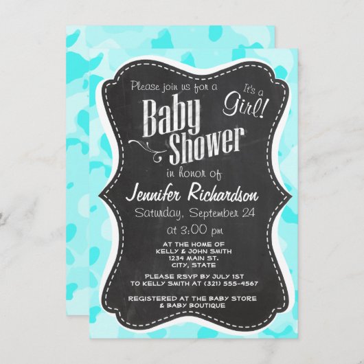 Vintage Tafel; Camouflage Celeste; Camouflage Einladung (Vorne/Hinten)