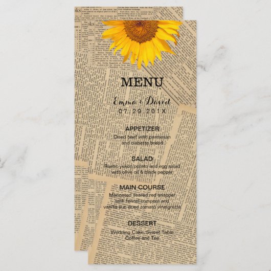Vintage Tageszeitungen - Country Sunflower Wedding Menükarte (Vorne/Hinten)
