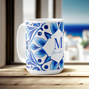 Vintage-Talavera-Azulejo-Blaufliesen monogrammiert Kaffeetasse