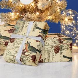 Vintage Tan Birds Pine Cones Weihnachten Geschenkpapier