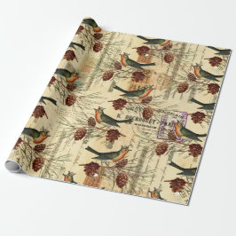 Vintage Tan Birds Pine Cones Weihnachten Geschenkpapier