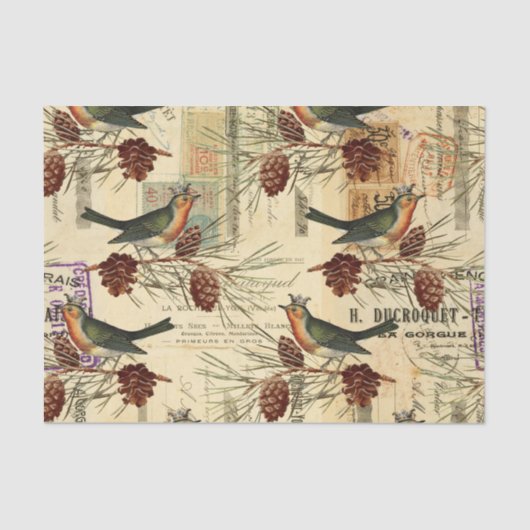 Vintage Tan Birds Pine Cones Weihnachten Seidenpapier (Vorderseite)