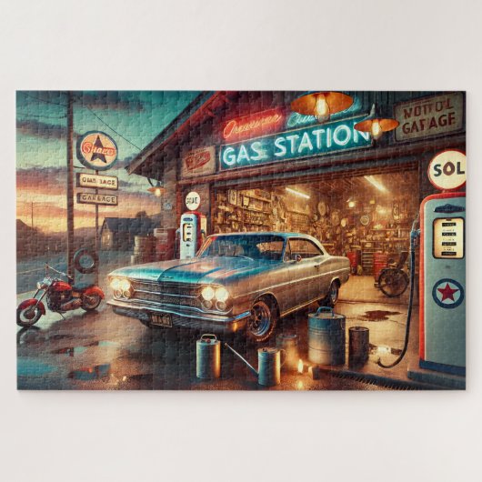 Vintage Tankstelle Klassiker Auto Puzzle (Horizontal)